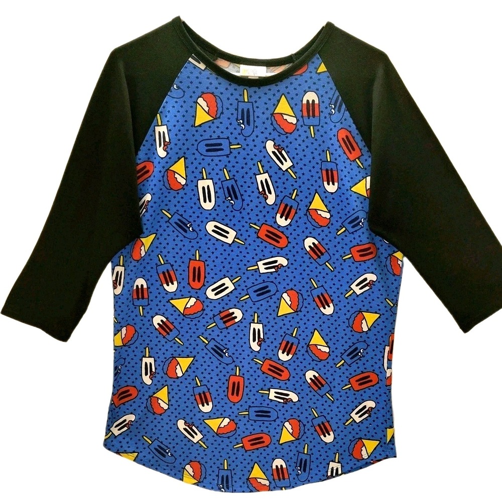 LuLaRoe Womens Raglan Top L Blue Popsicle Print Eclectic Grandma Twee Fun Summer